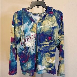 Chico's Colorblock Knit lightweight zip up in Blue and Yellow-Green